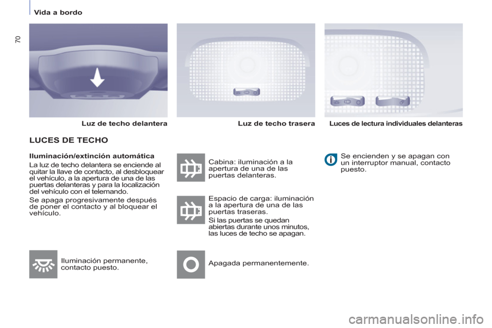 Peugeot Partner 2011  Manual del propietario (in Spanish) 70
   
 
Vida a bordo  
 
   
Iluminación/extinción automática 
  La luz de techo delantera se enciende al 
quitar la llave de contacto, al desbloquear 
el vehículo, a la apertura de una de las 
p