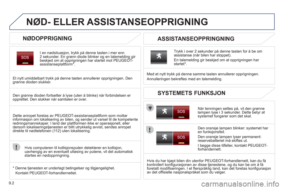 Peugeot Partner 2011  Brukerhåndbok (in Norwegian) 9.2
   
 
 
 
 
 
NØD- ELLER ASSISTANSEOPPRIGNING
 
 
NØDOPPRIGNING 
I en nødsituasjon, trykk på denne tasten i mer enn 2 sekunder. En grønn diode blinker og en talemelding gir 
beskjed om at opp