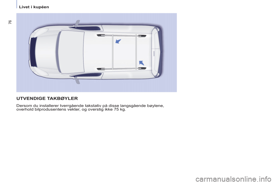 Peugeot Partner 2011  Brukerhåndbok (in Norwegian) 76
   
 
Livet i kupéen  
 
 
UTVENDIGE TAKBØYLER 
 
Dersom du installerer tverrgående takstativ på disse langsgående bøylene, 
overhold bilprodusentens vekter, og overstig ikke 75 kg.  