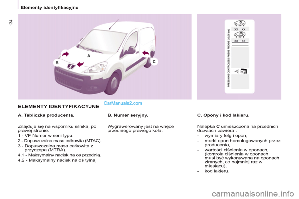 Peugeot Partner 2011  Instrukcja Obsługi (in Polish) 134
   
 
Elementy identyfikacyjne  
 
 
ELEMENTY IDENTYFIKACYJNE  
 
 
A. Tabliczka producenta.    
C. Opony i kod lakieru.     
B. Numer seryjny. 
  Znajduje się na wsporniku silnika, po 
prawej st