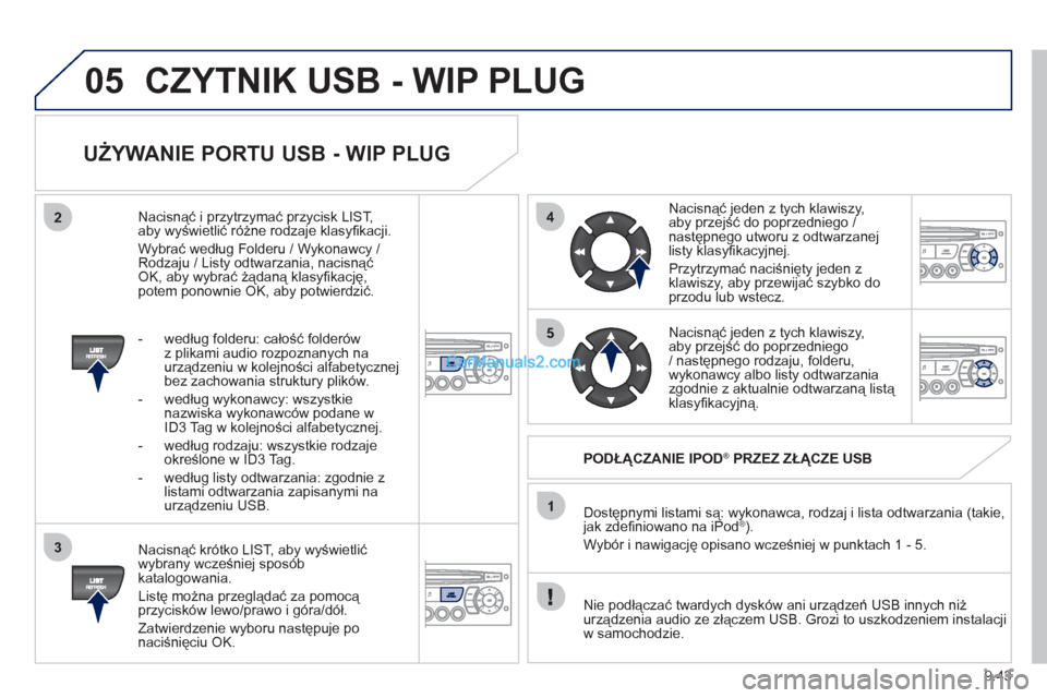 Peugeot Partner 2011  Instrukcja Obsługi (in Polish) 9.43
05
42
3
1
5
CZYTNIK USB - WIP PLUG
   
UŻYWANIE PORTU USB - WIP PLUG 
 
 
Nacisnąć krótko LIST, aby wyświetlić
wybrany wcześniej spos