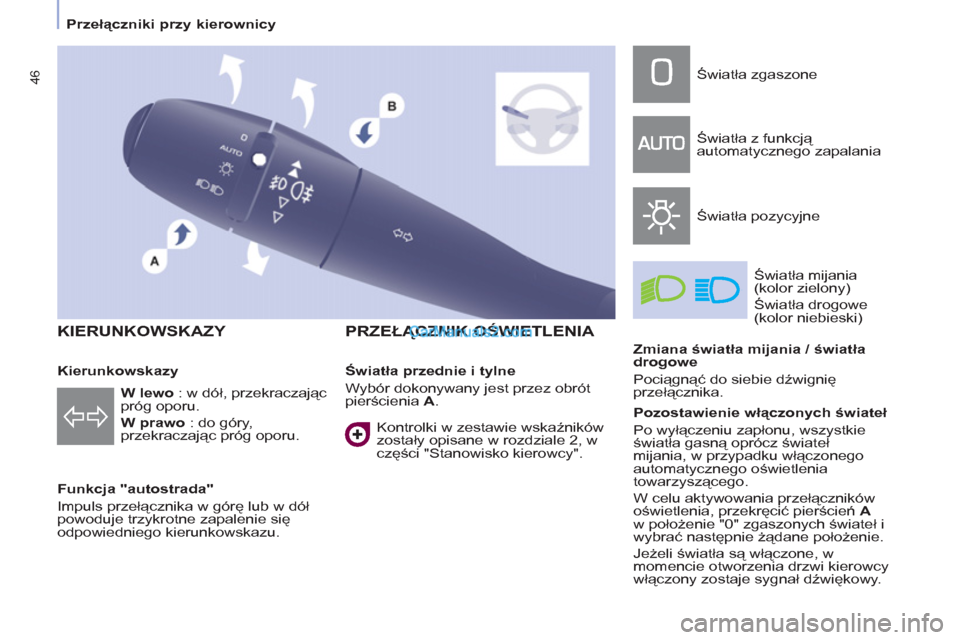 Peugeot Partner 2011 Instrukcja Obsługi (in Polish) 46
KIERUNKOWSKAZY
Funkcja "autostrada"
Impuls przełącznika w górę lub w dół
powoduje trzykrotne zapalenie się
odpowiedniego kierunkowskazu.
PRZEŁĄCZNIK OŚWIETLENIA Peugeot Partner 2011 Instrukcja Obsługi (in Polish) 46
KIERUNKOWSKAZY
Funkcja "autostrada"
Impuls przełącznika w górę lub w dół
powoduje trzykrotne zapalenie się
odpowiedniego kierunkowskazu.
PRZEŁĄCZNIK OŚWIETLENIA