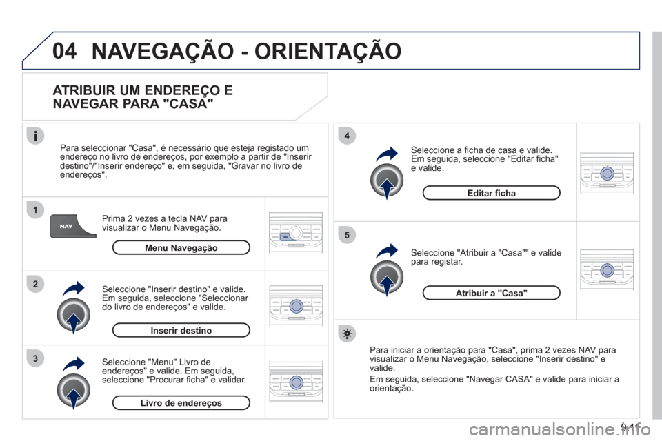 Peugeot Partner 2011  Manual do proprietário (in Portuguese) 9.11
04
1
2
3
5
4
  NAVEGAÇÃO - ORIENTAÇÃO 
 
 
ATRIBUIR UM ENDEREÇO E 
NAVEGAR PARA "CASA" 
Prima 2 vezes a tecla NAV para 
visualizar o Menu Navegação.    
Para seleccionar "
Casa", é necess