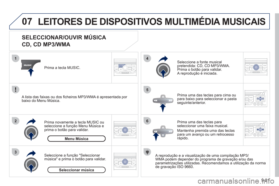 Peugeot Partner 2011  Manual do proprietário (in Portuguese) 9.21
07
3 2 1
6
4
5
   
 
 
 
 
 
 
 
 
SELECCIONAR/OUVIR MÚSICA  
CD, CD MP3/WMA 
   
A reprodução e a visualização de uma compilação MP3/
WMA podem depender do programa de gravação e/ou das