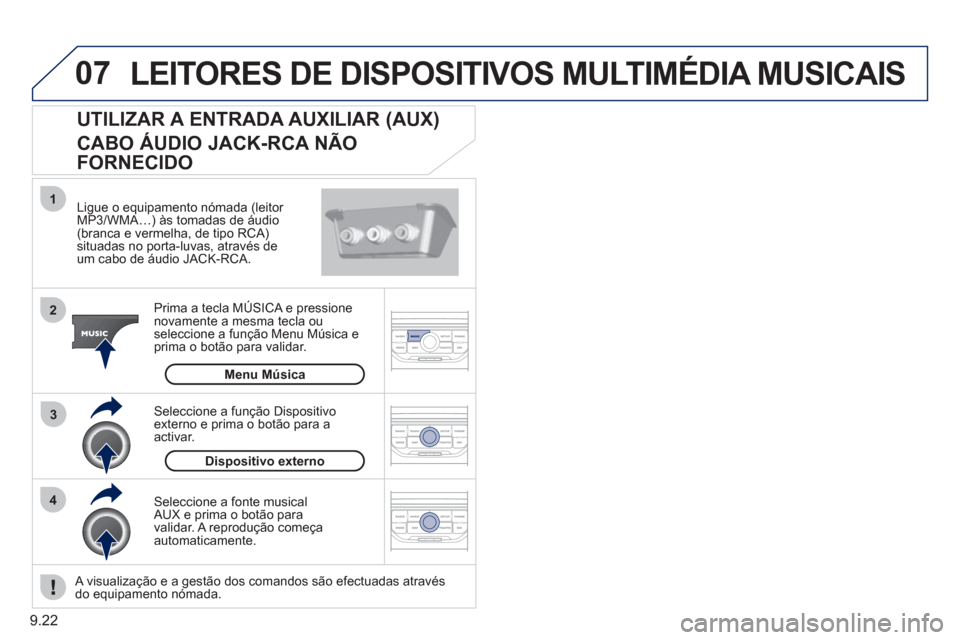 Peugeot Partner 2011  Manual do proprietário (in Portuguese) 9.22
07
43 1
2
  LEITORES DE DISPOSITIVOS MULTIMÉDIA MUSICAIS 
 
 
Ligue o equipamento nómada (leitor MP3/WMA…) às tomadas de áudio (branca e vermelha, de tipo RCA) situadas no porta-luvas, atra