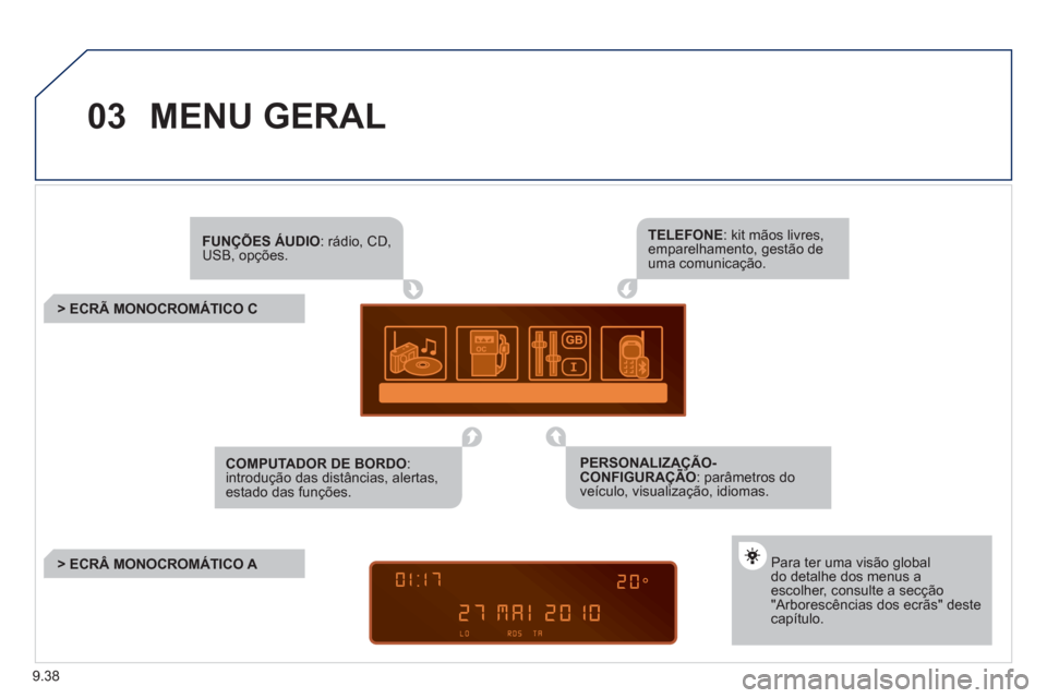 Peugeot Partner 2011  Manual do proprietário (in Portuguese) 9.38
03MENU GERAL 
FUNÇÕES ÁUDIO: rádio, CD, USB, opções.  
 
 
 
 
 
 
 
 
 
> ECRÃ MONOCROMÁTICO C  
Para ter uma visão globaldo detalhe dos menus aescolher, consulte a secção"Arborescên