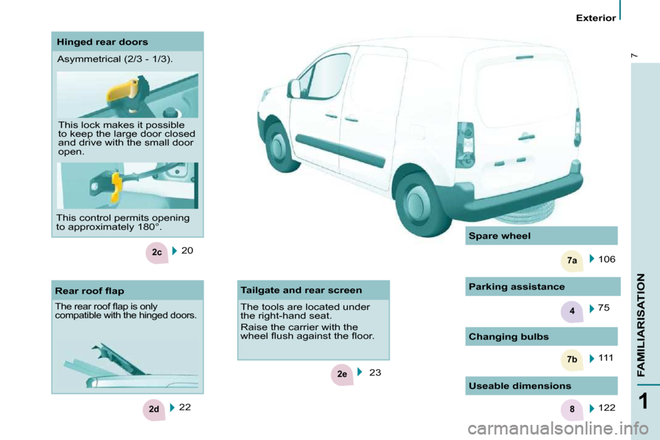 Peugeot Partner 2010  Owners Manual 4
2c
2e
7b
7a
2d8
7
1
FAMILIARISATION
   Exterior   
 20  
 22  
� � �R�e�a�r� �r�o�o�f� �ﬂ� �a�p� 
� �T�h�e� �r�e�a�r� �r�o�o�f� �ﬂ� �a�p� �i�s� �o�n�l�y�  
compatible with the hinged doors. 
  C