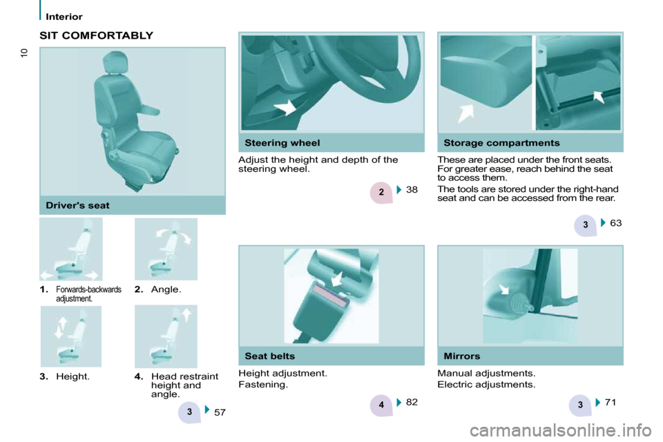 Peugeot Partner 2010  Owners Manual 3
43
2
3
10
   Interior   
   
1.   Forwards-backwards  
adjustment.    
2.    Angle. 
  
3.    Height.     4.   Head restraint 
height and 
angle.  
  Drivers seat 
 57    63    
 38  
 71  
 82   
