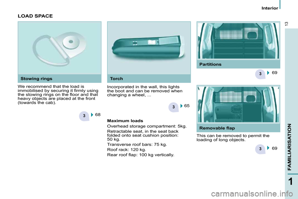 Peugeot Partner 2010  Owners Manual 3
3
3
3
13
1
FAMILIARISATION
   Interior   
 LOAD SPACE  
 We recommend that the load is  
�i�m�m�o�b�i�l�i�s�e�d� �b�y� �s�e�c�u�r�i�n�g� �i�t� �ﬁ� �r�m�l�y� �u�s�i�n�g� 
�t�h�e� �s�t�o�w�i�n�g� �r