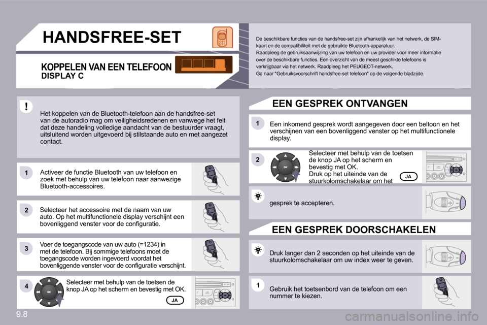 Peugeot Partner 2010  Handleiding (in Dutch) 9.8
11
22
�3�3
11
22
�4�411
� �H�A�N�D�S�F�R�E�E�-�S�E�T� 
 Het koppelen van de Bluetooth-telefoon aan de handsfree-set van de autoradio mag om veiligheidsredenen en vanwe ge het feit dat deze handeli