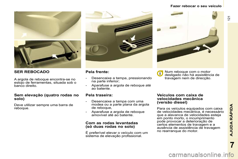 Peugeot Partner 2010  Manual do proprietário (in Portuguese) 121
AJUDA RÁPIDA
7
   Fazer rebocar o seu veículo   
  Sem elevação (quatro rodas no  
solo)  
 Deve utilizar sempre uma barra de  
reboque.  
 SER REBOCADO   Pela frente:  
   -   Desencaixe a ta