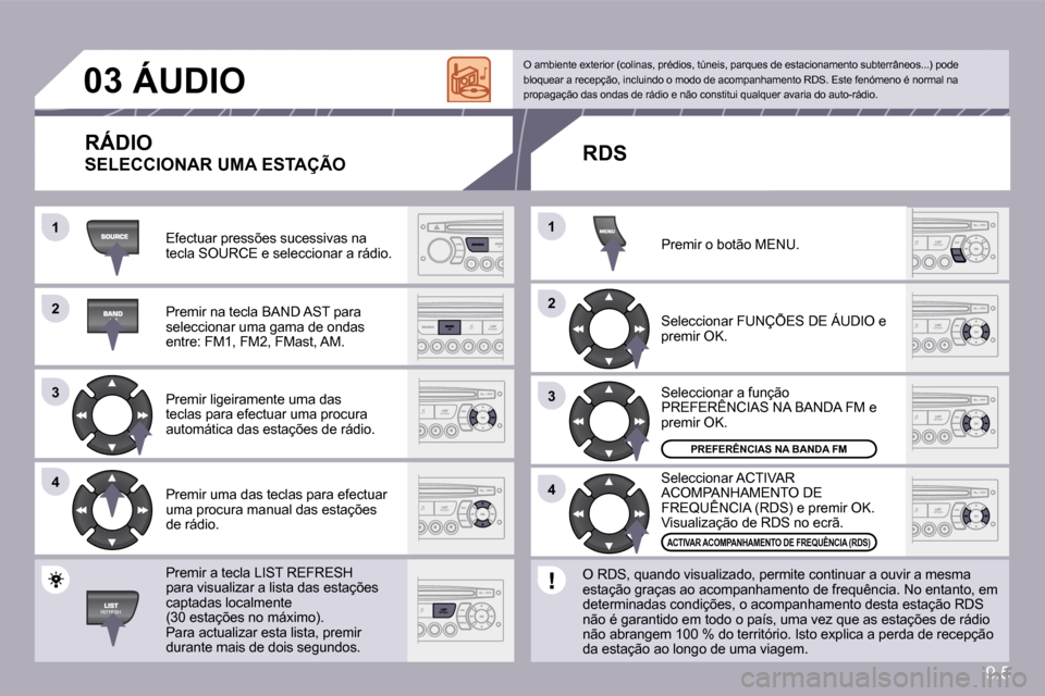 Peugeot Partner 2010  Manual do proprietário (in Portuguese) 9.5
�1�1
�2�2
�3�3
�4�4
�2�2
�4�4
�3�3
�1�1
�0�3�Á�U�D�I�O� 
� �E�f�e�c�t�u�a�r� �p�r�e�s�s�õ�e�s� �s�u�c�e�s�s�i�v�a�s� �n�a� �t�e�c�l�a� �S�O�U�R�C�E� �e� �s�e�l�e�c�c�i�o�n�a�r� �a� �r�á�d�i�o�.