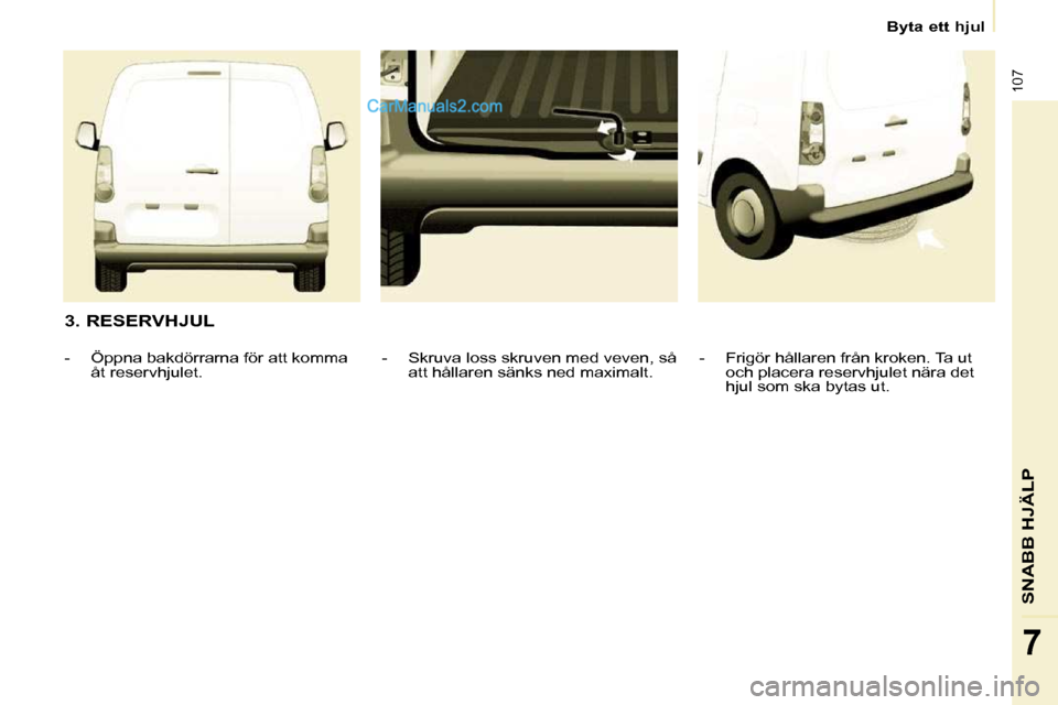 Peugeot Partner 2010  Ägarmanual (in Swedish) 107
SNABB HJÄLP
7
   Byta ett hjul   
  3. RESERVHJUL    -   Frigör hållaren från kroken. Ta ut och placera reservhjulet nära det  
hjul som ska bytas ut.   
  -   Skruva loss skruven med veven, 