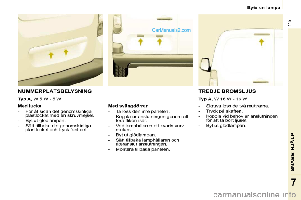 Peugeot Partner 2010  Ägarmanual (in Swedish) 115
SNABB HJÄLP
7
   Byta en lampa   
 NUMMERPLÅTSBELYSNING 
    -   Skruva loss de två muttrarna.  
  -   Tryck på skaften. 
  -   Koppla vid behov ur anslutningen för att ta bort ljuset. 
  -  