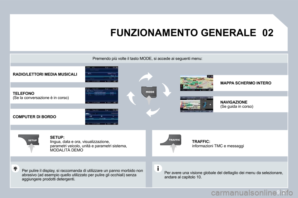 Peugeot Partner 2009  Manuale del proprietario (in Italian) 9. 21
�0�2 FUNZIONAMENTO GENERALE 
 Per avere una visione globale del dettaglio dei menu da selezionare, andare al capitolo 10.  
  Premendo più volte il tasto MODE, si accede ai se guenti menu: 
 Pe