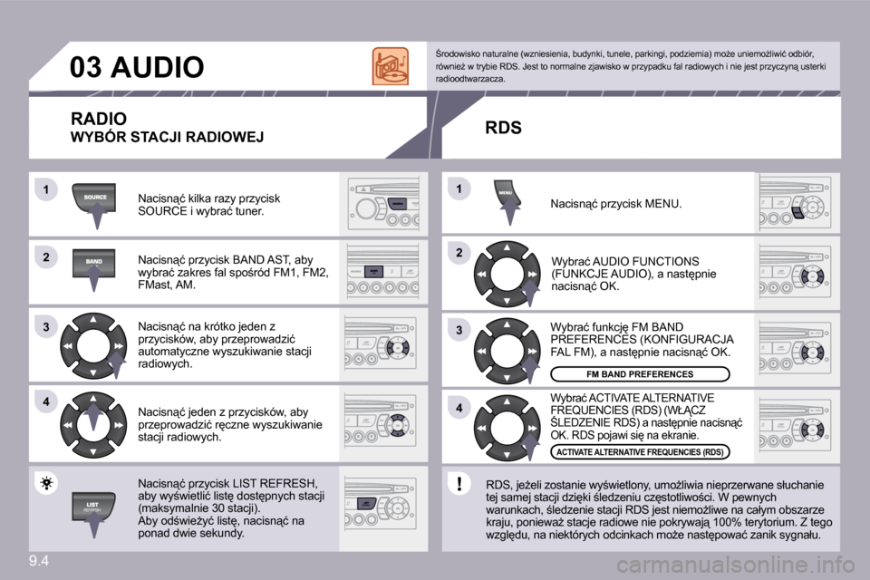 Peugeot Partner 2009  Instrukcja Obsługi (in Polish) �9�.�4
11
22
33
44
22
44
33
11
�0�3     AUDIO 
� �N�a�c�i�s�n"�ć� �k�i�l�k�a� �r�a�z�y� �p�r�z�y�c�i�s�k� �S�O�U�R�C�E� �i� �w�y�b�r�a�ć� �t�u�n�e�r�.� 
� �N�a�c�i�s�n"�ć� �p�r�z�y�c�i�s�k� �B�A�