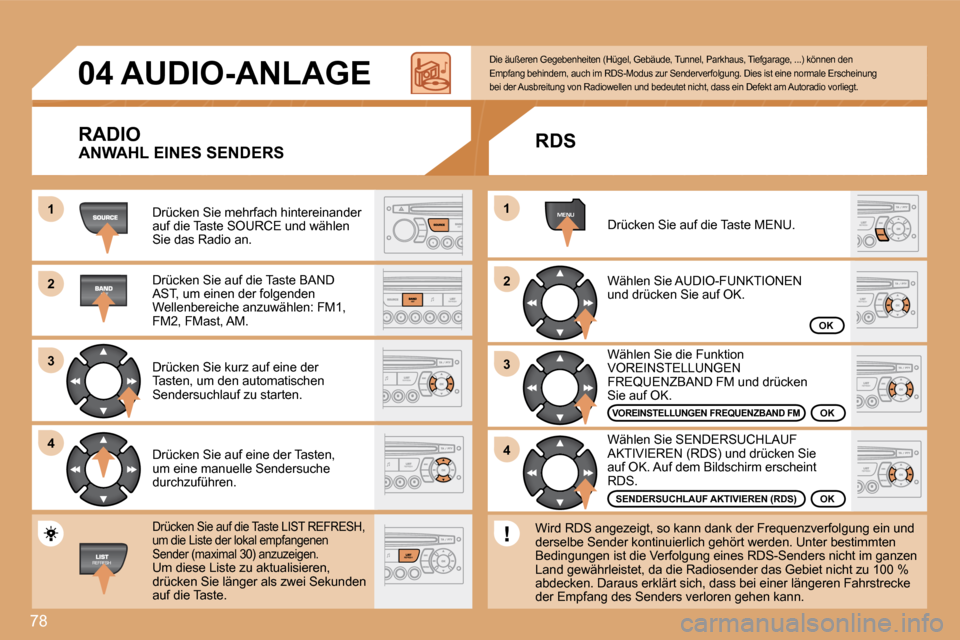Peugeot Partner 2008 Betriebsanleitung (in German) 78
1
2
3
4MENU
2
4
3
1
04 AUDIO-ANLAGE
RADIO
Drücken Sie mehrfach hintereinander
auf die Taste SOURCE und wählen
Sie das Radio an.
Drücken Sie auf die Taste BAND
AST, um einen der folge Peugeot Partner 2008 Betriebsanleitung (in German) 78
1
2
3
4MENU
2
4
3
1
04 AUDIO-ANLAGE
RADIO
Drücken Sie mehrfach hintereinander
auf die Taste SOURCE und wählen
Sie das Radio an.
Drücken Sie auf die Taste BAND
AST, um einen der folge