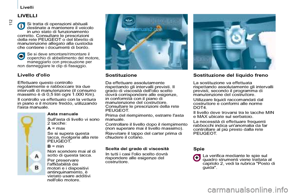 Peugeot Partner 2008  Manuale del proprietario (in Italian) 112
Livelli
LIVELLI
Sostituzione
Da effettuare assolutamente  
rispettando gli intervalli previsti. Il 
grado di viscosità dellolio scelto 
dovrà corrispondere alle esigenze, 
in conformità con il