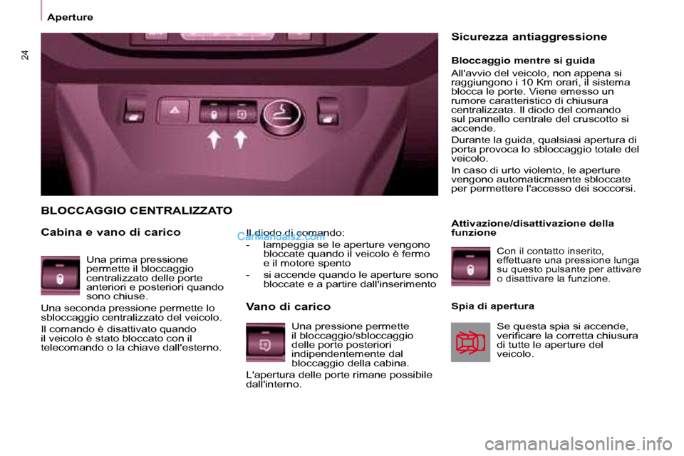 Peugeot Partner 2008 Manuale del proprietario (in Italian) 24
ApertureIl diodo di comando:
- lampeggia se le aperture vengono bloccate quando il veicolo è fermo
e il motore spento
- si accende quando le aperture sono bloccate e a partire dallinserime Peugeot Partner 2008 Manuale del proprietario (in Italian) 24
ApertureIl diodo di comando:
- lampeggia se le aperture vengono bloccate quando il veicolo è fermo
e il motore spento
- si accende quando le aperture sono bloccate e a partire dallinserime