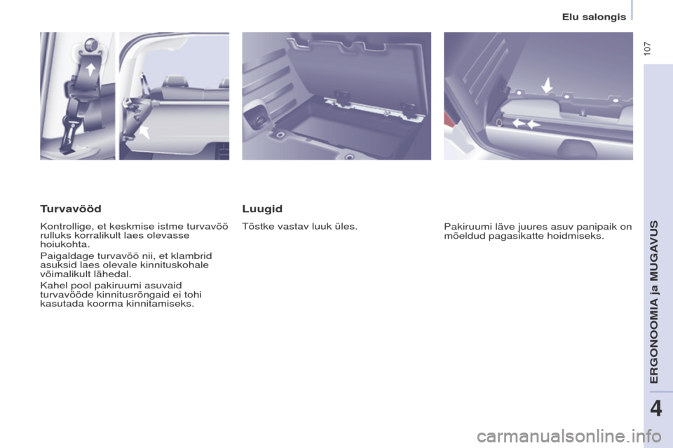 Peugeot Partner Tepee 2017  Omaniku käsiraamat (in Estonian)  107
Partner2VP_et_Chap04_ergonomie_ed02-2016Partner2VP_et_Chap04_ergonomie_ed02-2016
Luugid
tõstke vastav luuk üles.Pakiruumi läve juures asuv panipaik on 
mõeldud pagasikatte hoidmiseks.
Turvav