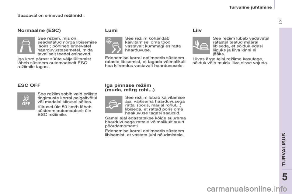 Peugeot Partner Tepee 2017 Omaniku käsiraamat (in Estonian) 121
Partner2VP_et_Chap05_Securite_ed02-2016
Saadaval on erinevad režiimid :
Normaalne (ESC)
ESC OFFLumi
See režiim kohandab käivitamisel oma tööd
vastavalt kummagi esiratta
haarduvuse.
e
dene Peugeot Partner Tepee 2017 Omaniku käsiraamat (in Estonian) 121
Partner2VP_et_Chap05_Securite_ed02-2016
Saadaval on erinevad režiimid :
Normaalne (ESC)
ESC OFFLumi
See režiim kohandab käivitamisel oma tööd
vastavalt kummagi esiratta
haarduvuse.
e
dene