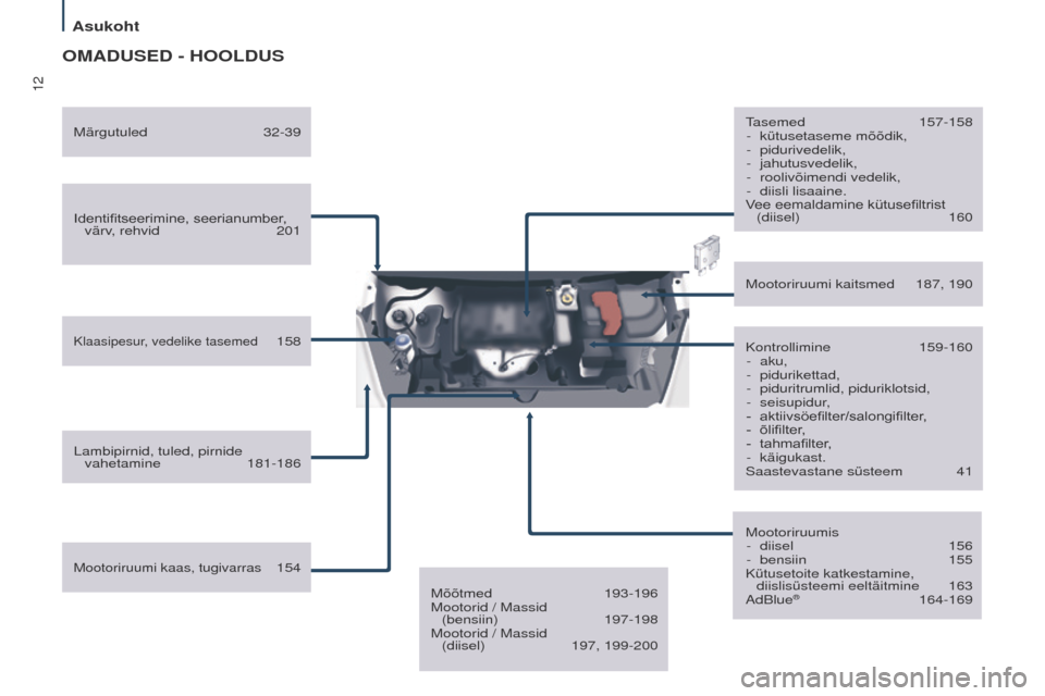 Peugeot Partner Tepee 2017  Omaniku käsiraamat (in Estonian) 12
Partner2VP_et_Chap01_vue-ensemble_ed02-2016
OMADUSED - HOOLDUS
Identifitseerimine,	seerianumber,	värv, rehvid  201
Klaasipesur, vedelike tasemed 158
Lambipirnid, tuled, pirnide  vahetamine
 
181-1