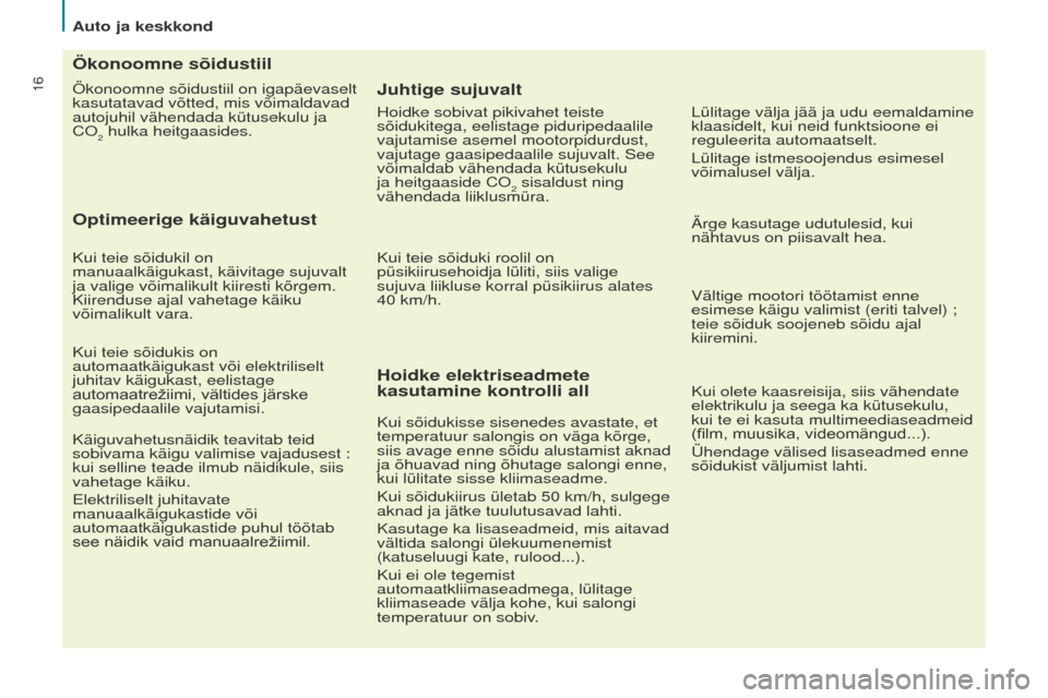 Peugeot Partner Tepee 2017 Omaniku käsiraamat (in Estonian) 16
Partner2VP_et_Chap02_eco-conduite_ed02-2016
Ökonoomne sõidustiil on igapäevaselt
kasutatavad võtted, mis võimaldavad
autojuhil vähendada kütusekulu ja
Co
2 hulka heitgaasides.
Ökonoomne Peugeot Partner Tepee 2017 Omaniku käsiraamat (in Estonian) 16
Partner2VP_et_Chap02_eco-conduite_ed02-2016
Ökonoomne sõidustiil on igapäevaselt
kasutatavad võtted, mis võimaldavad
autojuhil vähendada kütusekulu ja
Co
2 hulka heitgaasides.
Ökonoomne