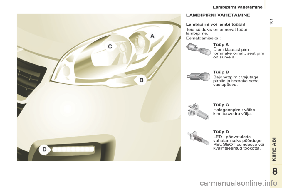 Peugeot Partner Tepee 2017  Omaniku käsiraamat (in Estonian) 181
Partner2VP_et_Chap08_Aide-rapide_ed02-2016Partner2VP_et_Chap08_Aide-rapide_ed02-2016
LAMBIPIRNI VAHETAMINE
Tüüp A
Üleni klaasist pirn  : 
tõmmake õrnalt, sest pirn 
on surve all.
Tüüp C
Hal