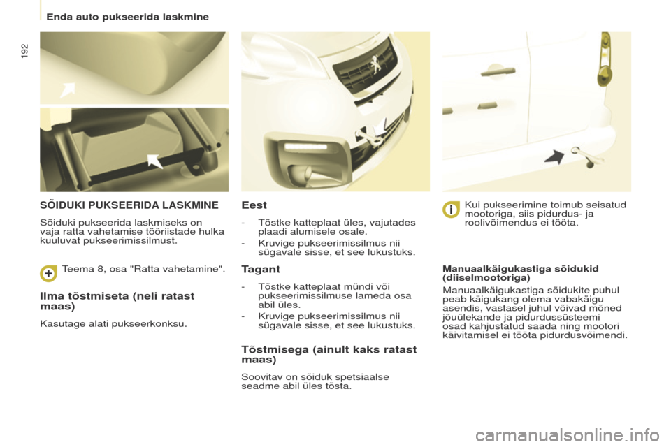 Peugeot Partner Tepee 2017  Omaniku käsiraamat (in Estonian) 192
Partner2VP_et_Chap08_Aide-rapide_ed02-2016Partner2VP_et_Chap08_Aide-rapide_ed02-2016
Ilma tõstmiseta (neli ratast 
maas)
Kasutage alati pukseerkonksu.
SÕIDUKI PUKSEERIDA LASKMINE
Sõiduki puksee