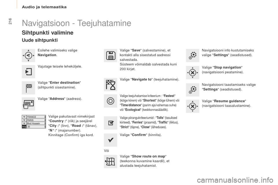Peugeot Partner Tepee 2017 Omaniku käsiraamat (in Estonian) 216
Partner2VP_et_Chap10a_SMegplus_ed02-2016
Navigatsioon - teejuhatamine
Sihtpunkti valimine
Valige "Enter destination "
(sihtpunkti sisestamine). Valige "
Save" (salvestamine), et
kontakti alla si Peugeot Partner Tepee 2017 Omaniku käsiraamat (in Estonian) 216
Partner2VP_et_Chap10a_SMegplus_ed02-2016
Navigatsioon - teejuhatamine
Sihtpunkti valimine
Valige "Enter destination "
(sihtpunkti sisestamine). Valige "
Save" (salvestamine), et
kontakti alla si