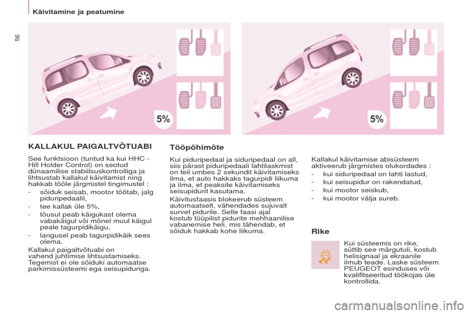 Peugeot Partner Tepee 2017 Omaniku käsiraamat (in Estonian) 56
Partner2VP_et_Chap03_Pret-a-partir_ed02-2016Partner2VP_et_Chap03_Pret-a-partir_ed02-2016
KALLAKUL PAIGALTVÕTUABI
See funktsioon (tuntud ka kui HHC -
Hill Holder Control) on seotud
dünaamilise Peugeot Partner Tepee 2017 Omaniku käsiraamat (in Estonian) 56
Partner2VP_et_Chap03_Pret-a-partir_ed02-2016Partner2VP_et_Chap03_Pret-a-partir_ed02-2016
KALLAKUL PAIGALTVÕTUABI
See funktsioon (tuntud ka kui HHC -
Hill Holder Control) on seotud
dünaamilise