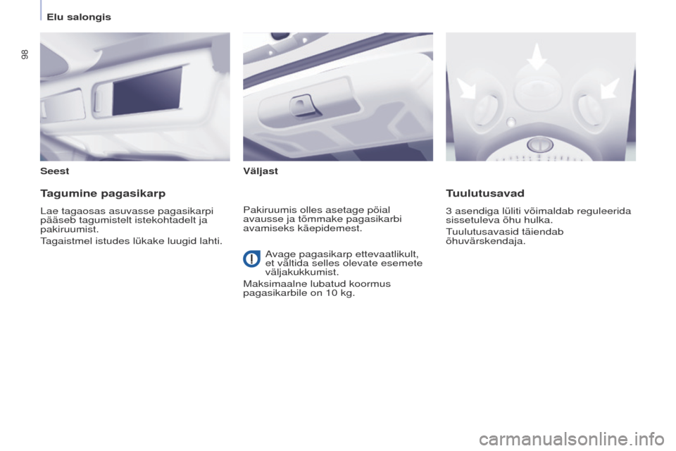 Peugeot Partner Tepee 2017  Omaniku käsiraamat (in Estonian) 98
Partner2VP_et_Chap04_ergonomie_ed02-2016Partner2VP_et_Chap04_ergonomie_ed02-2016
SeestVäljast
Tagumine pagasikarp
Lae tagaosas asuvasse pagasikarpi 
pääseb tagumistelt istekohtadelt ja 
pakiruum