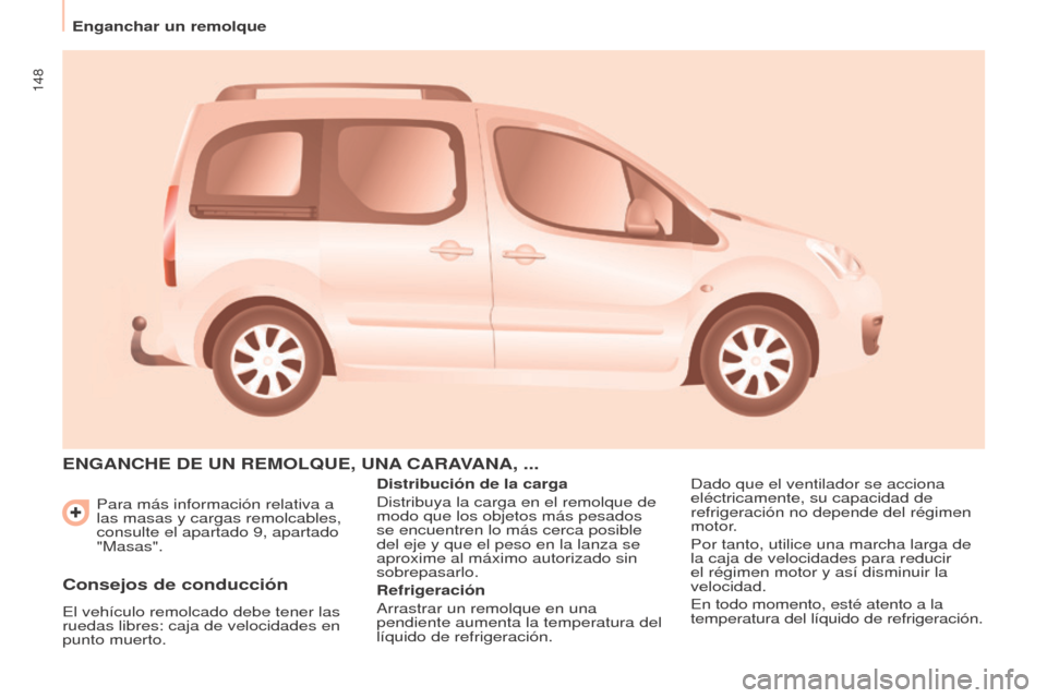 Peugeot Partner Tepee 2017  Manual del propietario (in Spanish) 148
Enganchar un remolque
Partner2VP_es_Chap06_Accessoire_ed02-2016
Para más información relativa a 
las masas y cargas remolcables, 
consulte el apartado 9, apartado 
"Masas".
ENGANChE DE UN REMOLq