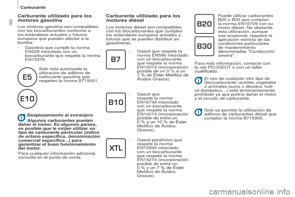 Peugeot Partner Tepee 2017 Manual del propietario (in Spanish) 162
Partner2VP_es_Chap07_Verification_ed02-2016Partner2VP_es_Chap07_Verification_ed02-2016
Desplazamiento al extranjero
Algunos carburantes pueden
dañar el motor. En algunos países,
es posible que Peugeot Partner Tepee 2017 Manual del propietario (in Spanish) 162
Partner2VP_es_Chap07_Verification_ed02-2016Partner2VP_es_Chap07_Verification_ed02-2016
Desplazamiento al extranjero
Algunos carburantes pueden
dañar el motor. En algunos países,
es posible que