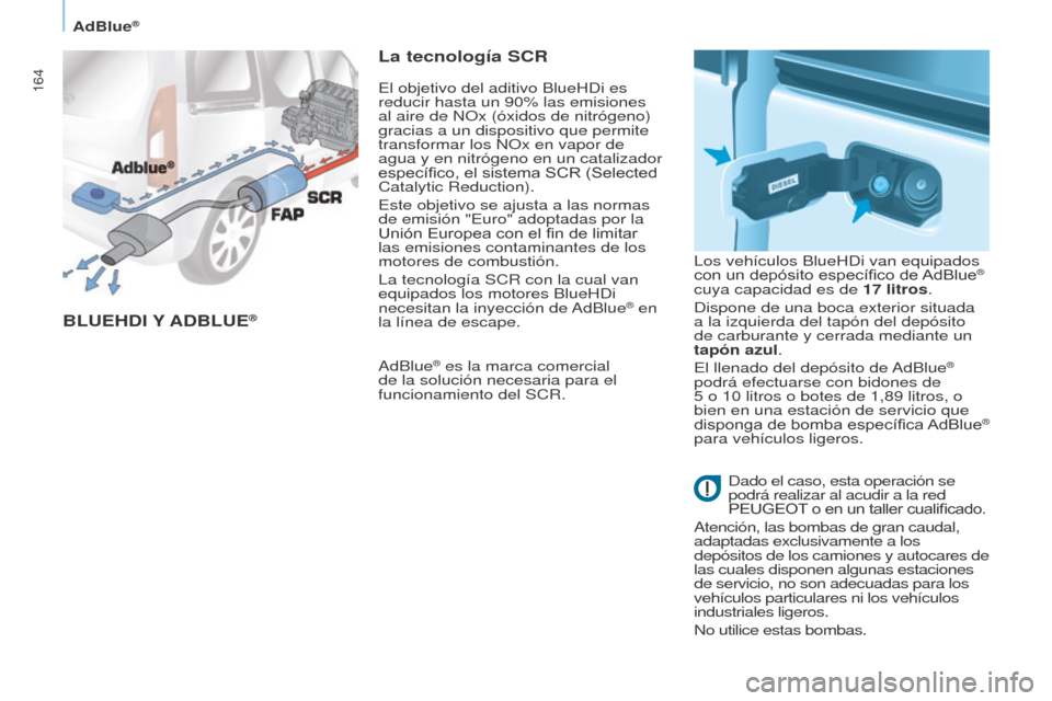 Peugeot Partner Tepee 2017 Manual del propietario (in Spanish) 164
Partner2VP_es_Chap07_Verification_ed02-2016Partner2VP_es_Chap07_Verification_ed02-2016
BLUEhDI Y AD B LUE®
La tecnología SCR
AdBlue® es la marca comercial
de la solución necesaria para el
fu Peugeot Partner Tepee 2017 Manual del propietario (in Spanish) 164
Partner2VP_es_Chap07_Verification_ed02-2016Partner2VP_es_Chap07_Verification_ed02-2016
BLUEhDI Y AD B LUE®
La tecnología SCR
AdBlue® es la marca comercial
de la solución necesaria para el
fu