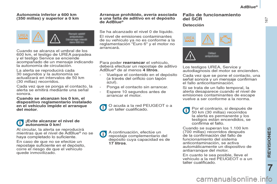 Peugeot Partner Tepee 2017 Manual del propietario (in Spanish) 167
Partner2VP_es_Chap07_Verification_ed02-2016
AdBlue®
Partner2VP_es_Chap07_Verification_ed02-2016
Cuando se alcanza el umbral de los
600 km, el testigo de UREA parpadea
y el testigo Service se Peugeot Partner Tepee 2017 Manual del propietario (in Spanish) 167
Partner2VP_es_Chap07_Verification_ed02-2016
AdBlue®
Partner2VP_es_Chap07_Verification_ed02-2016
Cuando se alcanza el umbral de los
600 km, el testigo de UREA parpadea
y el testigo Service se