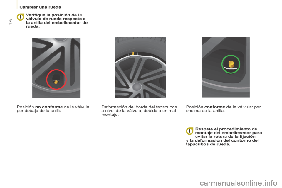 Peugeot Partner Tepee 2017  Manual del propietario (in Spanish) 178
Partner2VP_es_Chap08_Aide-rapide_ed02-2016Partner2VP_es_Chap08_Aide-rapide_ed02-2016
 Verifique la posición de la 
válvula de rueda respecto a 
la anilla del embellecedor de 
rueda.
Posición no