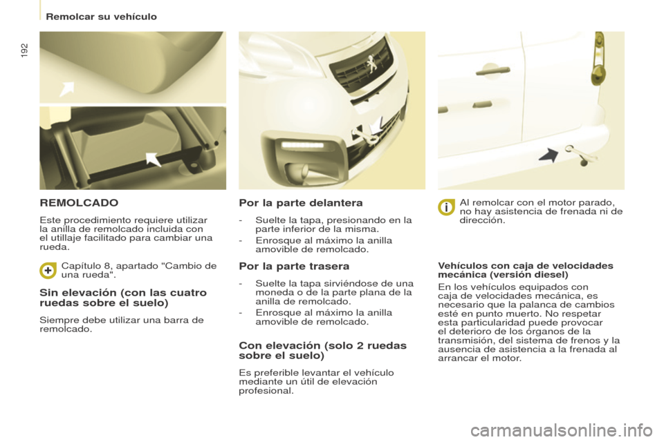 Peugeot Partner Tepee 2017 Manual del propietario (in Spanish) 192
Partner2VP_es_Chap08_Aide-rapide_ed02-2016Partner2VP_es_Chap08_Aide-rapide_ed02-2016
Sin elevación (con las cuatro
ruedas sobre el suelo)
Siempre debe utilizar una barra de
remolcado.
REMOLCADO Peugeot Partner Tepee 2017 Manual del propietario (in Spanish) 192
Partner2VP_es_Chap08_Aide-rapide_ed02-2016Partner2VP_es_Chap08_Aide-rapide_ed02-2016
Sin elevación (con las cuatro
ruedas sobre el suelo)
Siempre debe utilizar una barra de
remolcado.
REMOLCADO