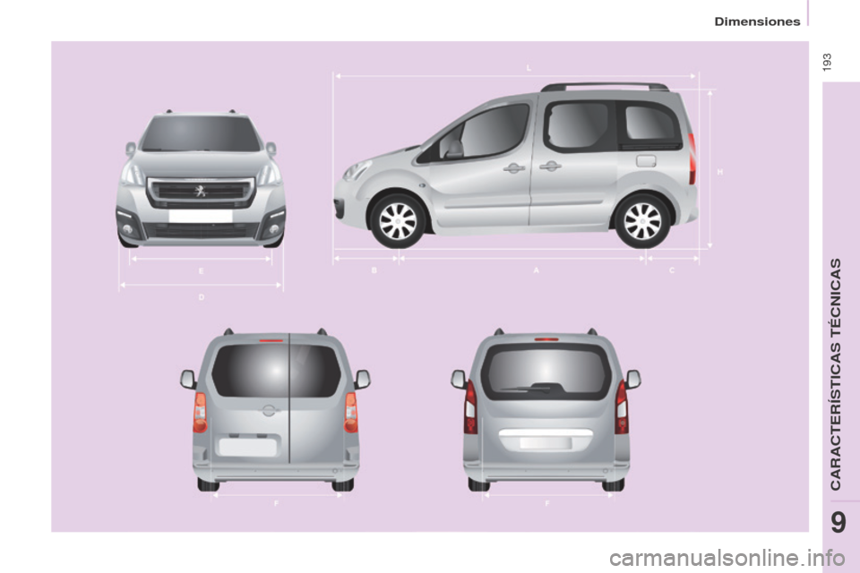 Peugeot Partner Tepee 2017  Manual del propietario (in Spanish)  193
Partner2VP_es_Chap09_Caract-technique_ed02-2016
Partner2VP_es_Chap09_Caract-technique_ed02-2016 
Dimensiones
CARACTER