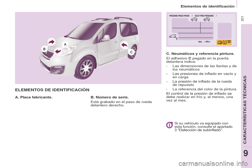 Peugeot Partner Tepee 2017  Manual del propietario (in Spanish)  201
Partner2VP_es_Chap09_Caract-technique_ed02-2016Partner2VP_es_Chap09_Caract-technique_ed02-2016
ELEMENTOS DE IDENTIFICACIÓN
A. Placa fabricante.C. Neumáticos y referencia pintura.
El adhesivo C 