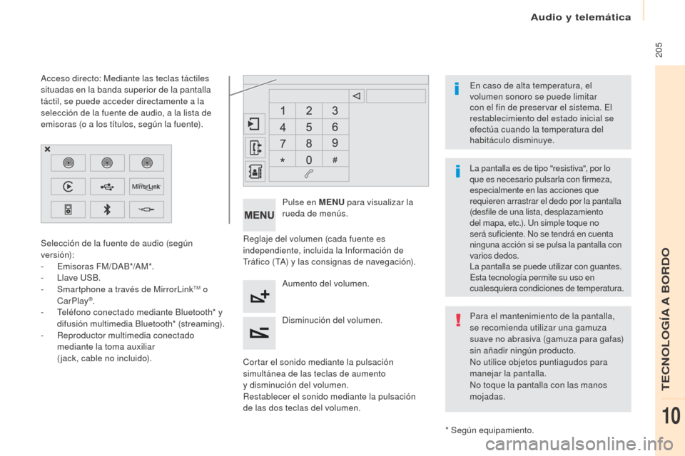 Peugeot Partner Tepee 2017 Manual del propietario (in Spanish) 205
Partner2VP_es_Chap10a_SMEGplus_ed02-2016
Reglaje del volumen (cada fuente es
independiente, incluida la Información de
Tráfico (TA) y las consignas de navegación).
Cortar el sonido mediante Peugeot Partner Tepee 2017 Manual del propietario (in Spanish) 205
Partner2VP_es_Chap10a_SMEGplus_ed02-2016
Reglaje del volumen (cada fuente es
independiente, incluida la Información de
Tráfico (TA) y las consignas de navegación).
Cortar el sonido mediante