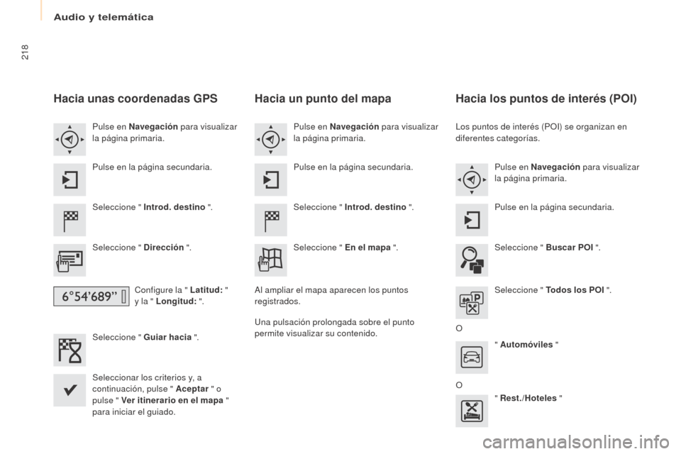 Peugeot Partner Tepee 2017 Manual del propietario (in Spanish) 218
Partner2VP_es_Chap10a_SMEGplus_ed02-2016
hacia unas coordenadas GPS
Seleccione " Introd. destino ".
Seleccione " Dirección ".
Configure la " Latitud: "
y la " Longitud: ".
Seleccione " Guiar Peugeot Partner Tepee 2017 Manual del propietario (in Spanish) 218
Partner2VP_es_Chap10a_SMEGplus_ed02-2016
hacia unas coordenadas GPS
Seleccione " Introd. destino ".
Seleccione " Dirección ".
Configure la " Latitud: "
y la " Longitud: ".
Seleccione " Guiar