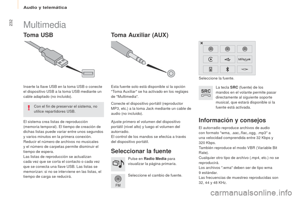 Peugeot Partner Tepee 2017 Manual del propietario (in Spanish) 232
Partner2VP_es_Chap10a_SMEGplus_ed02-2016
El autorradio reproduce archivos de audio
con formato "wma, .aac,.flac,.ogg, .mp3" a
una velocidad comprendida entre 32 Kbps y
320
Kbps.
También rep Peugeot Partner Tepee 2017 Manual del propietario (in Spanish) 232
Partner2VP_es_Chap10a_SMEGplus_ed02-2016
El autorradio reproduce archivos de audio
con formato "wma, .aac,.flac,.ogg, .mp3" a
una velocidad comprendida entre 32 Kbps y
320
Kbps.
También rep