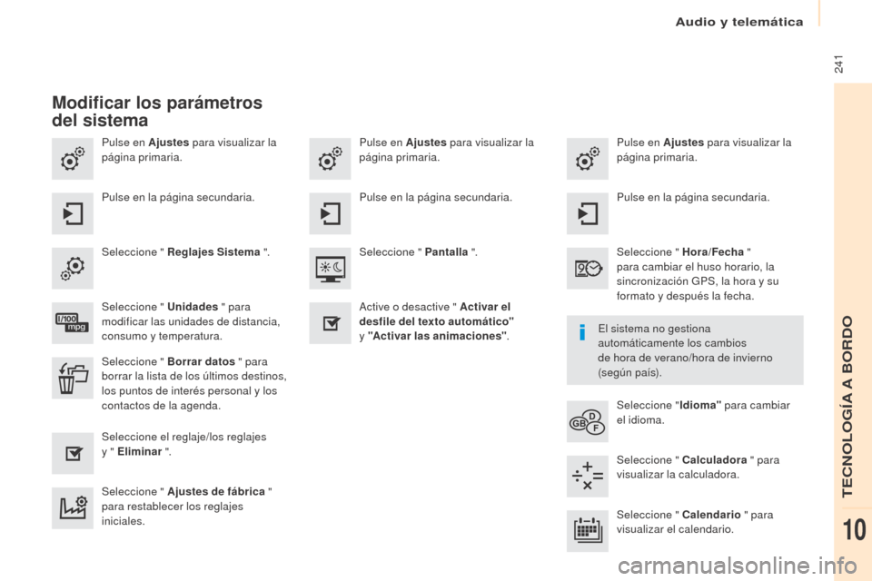 Peugeot Partner Tepee 2017 Manual del propietario (in Spanish) 241
Partner2VP_es_Chap10a_SMEGplus_ed02-2016
Pulse en Ajustes para visualizar la
página primaria. Pulse en Ajustes
para visualizar la
página primaria.
Pulse en Ajustes
para visualizar la
pági Peugeot Partner Tepee 2017 Manual del propietario (in Spanish) 241
Partner2VP_es_Chap10a_SMEGplus_ed02-2016
Pulse en Ajustes para visualizar la
página primaria. Pulse en Ajustes
para visualizar la
página primaria.
Pulse en Ajustes
para visualizar la
pági