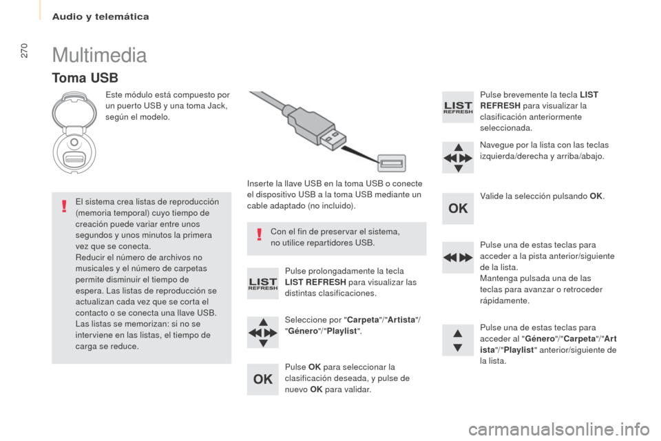 Peugeot Partner Tepee 2017 Manual del propietario (in Spanish) 270
Partner2VP_es_Chap10b_RD45_ed02-2016
Multimedia
Toma USB
Este módulo está compuesto por
un puerto USB y una toma Jack,
según el modelo.Inserte la llave USB en la toma USB o conecte
el dispos Peugeot Partner Tepee 2017 Manual del propietario (in Spanish) 270
Partner2VP_es_Chap10b_RD45_ed02-2016
Multimedia
Toma USB
Este módulo está compuesto por
un puerto USB y una toma Jack,
según el modelo.Inserte la llave USB en la toma USB o conecte
el dispos