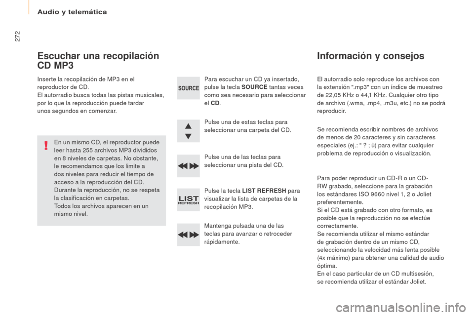 Peugeot Partner Tepee 2017 Manual del propietario (in Spanish) 272
Partner2VP_es_Chap10b_RD45_ed02-2016
El autorradio solo reproduce los archivos con
la extensión ".mp3" con un índice de muestreo
de 22,05 KHz o 44,1 KHz. Cualquier otro tipo
de archivo (.w Peugeot Partner Tepee 2017 Manual del propietario (in Spanish) 272
Partner2VP_es_Chap10b_RD45_ed02-2016
El autorradio solo reproduce los archivos con
la extensión ".mp3" con un índice de muestreo
de 22,05 KHz o 44,1 KHz. Cualquier otro tipo
de archivo (.w