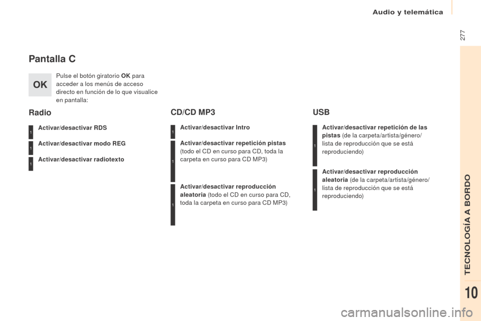 Peugeot Partner Tepee 2017  Manual del propietario (in Spanish)  277
Partner2VP_es_Chap10b_RD45_ed02-2016
Pantalla C
Pulse el botón giratorio OK para 
acceder a los menús de acceso 
directo en función de lo que visualice 
en pantalla:
Activar/desactivar RDS
Act