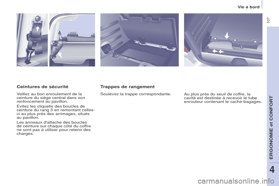 Peugeot Partner Tepee 2017  Manuel du propriétaire (in French)  107
Trappes de rangement
Soulevez la trappe correspondante.Au plus près du seuil de coffre, la 
cavité est destinée à recevoir le tube 
enrouleur contenant le cache-bagages.
Ceintures de sécurit