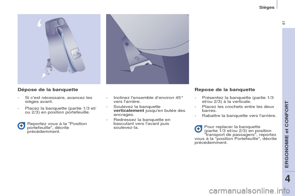 Peugeot Partner Tepee 2017  Manuel du propriétaire (in French)  81
Dépose de la banquetteRepose de la banquette
Reportez vous à la "Position 
portefeuille", décrite 
précédemment. Pour replacer la banquette 
(partie 1/3 et/ou 2/3) en position 
"transport de 