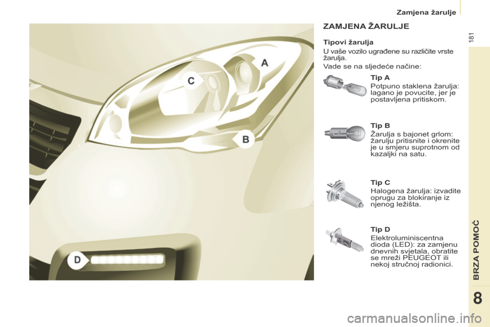 Peugeot Partner Tepee 2017  Vodič za korisnike (in Croatian) 181
Partner2VP_hr_Chap08_Aide-rapide_ed02-2016Partner2VP_hr_Chap08_Aide-rapide_ed02-2016
ZAMJENA ŽARU l JE
Tip A
Potpuno staklena žarulja: 
lagano je povucite, jer je 
postavljena pritiskom.
Tip C
H